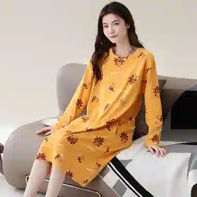 歌倩雅 纯棉长袖可外穿韩版中长款睡裙 女款 黄色
