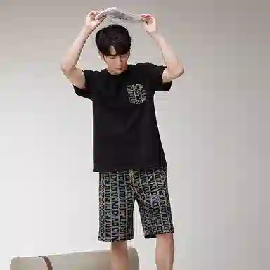 歌倩雅 简约圆领套头短袖短裤透气睡衣套装 男款