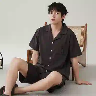 歌倩雅 夏季纯棉开衫短袖简约休闲短裤加大码全棉家居服睡衣套装 男款