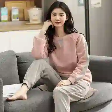 歌倩雅 法兰绒珊瑚绒长袖长裤保暖加厚睡衣套装 女款 灰粉色