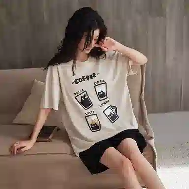 歌倩雅 宽松字母印花圆领短袖上衣松紧腰短裤睡衣套装 女款 卡其色