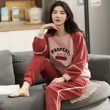 歌倩雅 珊瑚绒加绒加厚保暖法兰绒长袖长裤睡衣套装 女款 红色