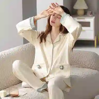 歌倩雅 纯棉长袖开衫立体小花睡衣套装 女款 杏色
