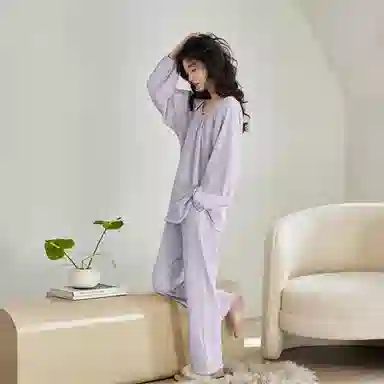 歌倩雅 圆领流苏边长袖上衣纯色简约长裤睡衣套装 女款 浅紫色