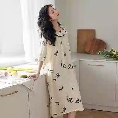 歌倩雅 凉感时尚印花长款圆领短袖睡裙 女款 米色