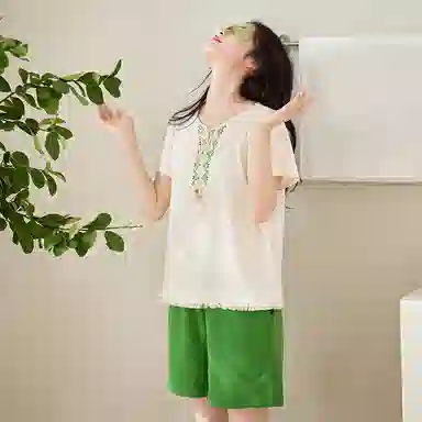 歌倩雅 休闲舒适短袖亲肤简约短裤睡衣套装 女款 图色
