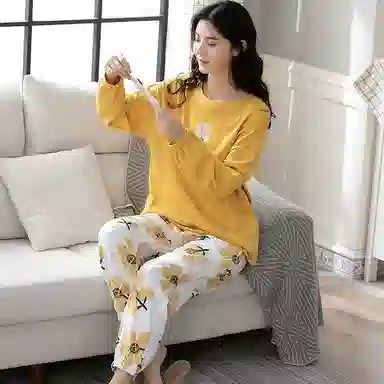 歌倩雅 简约亲肤舒适圆领套头长袖韩版甜美可外穿长裤睡衣套装 女 图片色