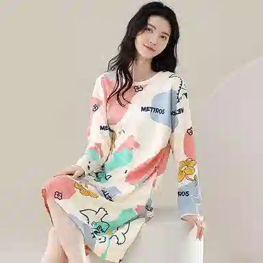 歌倩雅 纯棉大码舒适简约长袖睡裙 女款 图色