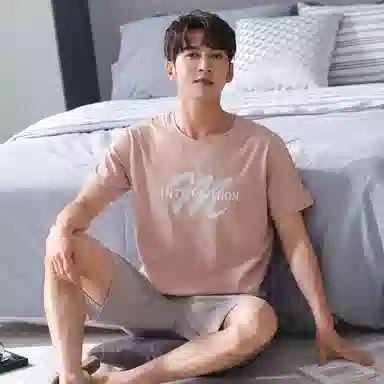 歌倩雅 字母印花圆领套头短袖上衣松紧腰五分裤可外穿舒适亲肤睡衣套装 男款 浅粉色