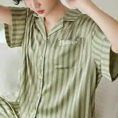 歌倩雅 凉感型短袖长裤薄款条纹高级感家居服睡衣套装 女款 绿色