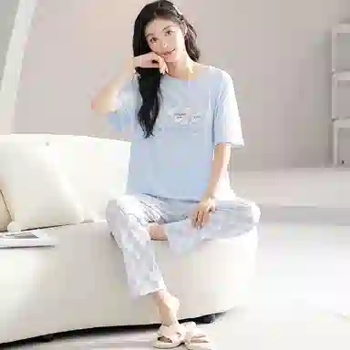 歌倩雅 圆领短袖上衣舒适可外穿长裤睡衣套装 女款 蓝色