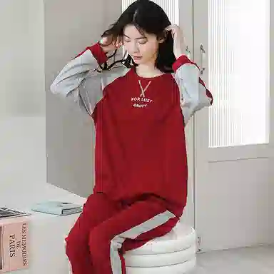 歌倩雅 圆领套头长袖长裤可外穿睡衣套装 女款 红色