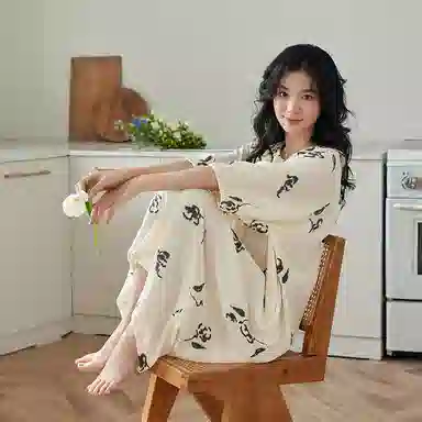 歌倩雅 凉感时尚印花长款圆领短袖睡裙 女款 米色