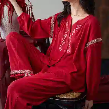 歌倩雅 秋季中式国风印花本命年家居睡衣礼盒 女款 红色