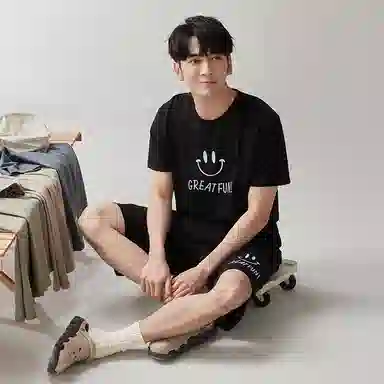 歌倩雅 圆领套头印花短袖上衣松紧腰短裤睡衣套装 男款 黑色