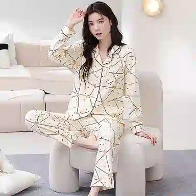 歌倩雅 简约亲肤舒适翻领开衫长袖洋气休闲可外穿长裤睡衣套装 女款 杏色