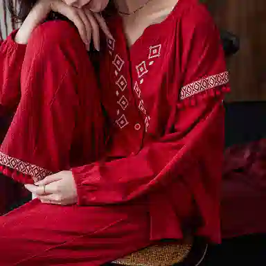 歌倩雅 秋季中式国风印花本命年家居睡衣礼盒 女款 红色