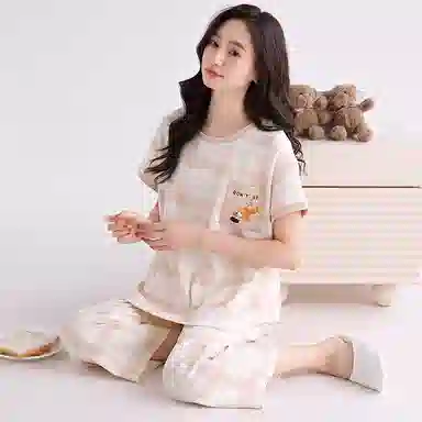 歌倩雅 舒适透气短袖七分裤休闲睡衣套装 女款 杏色