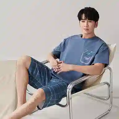 歌倩雅 纯色圆领短袖上衣格子松紧腰短裤睡衣套装 男款 蓝色