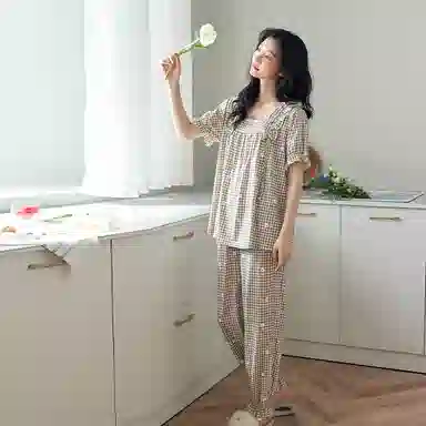 歌倩雅 格子方领花边短袖舒适透气长裤睡衣套装 女款 咖色