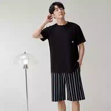歌倩雅 圆领休闲短袖短裤家居睡衣套装 男款 黑色