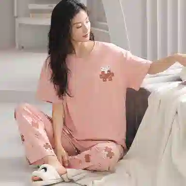 歌倩雅 短袖长裤圆领套头春夏睡衣套装 女款 图片色