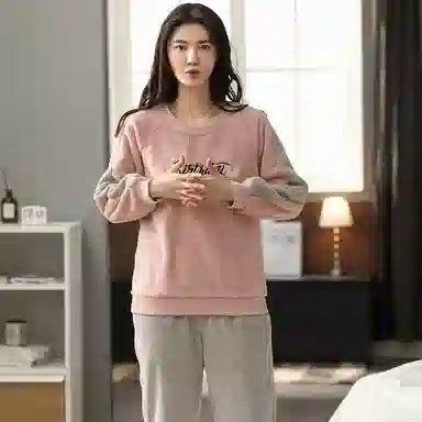 歌倩雅 运动风法兰绒加厚加绒保暖珊瑚绒长袖长裤可外穿睡衣套装 女款 灰粉色