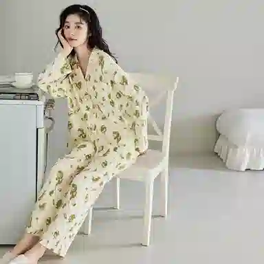 歌倩雅 翻领时尚休闲高级感长袖上衣长裤睡衣套装 女款 浅杏