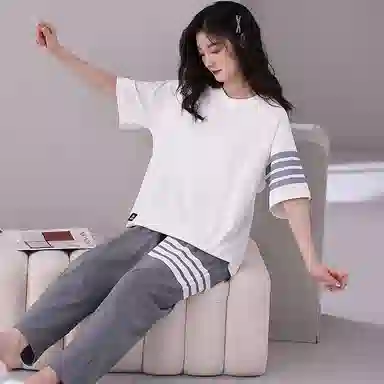 歌倩雅 休闲简约拼色圆领短袖上衣松紧腰长裤睡衣套装 女款 白色