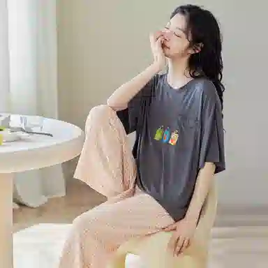 歌倩雅 凉感圆领套头短袖格子薄款长裤可外穿家居服睡衣套装 女款 深灰