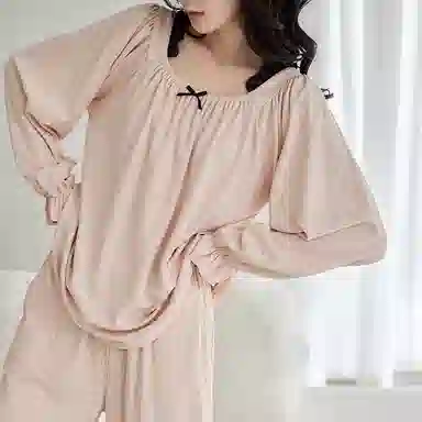 歌倩雅 纯色圆领设计气质时尚长袖上衣长裤睡衣套装 女款 粉红色