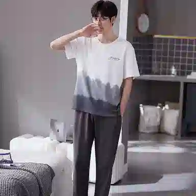 歌倩雅 撞色字母印花圆领上衣纯色透气裤子睡衣套装 男款 白色