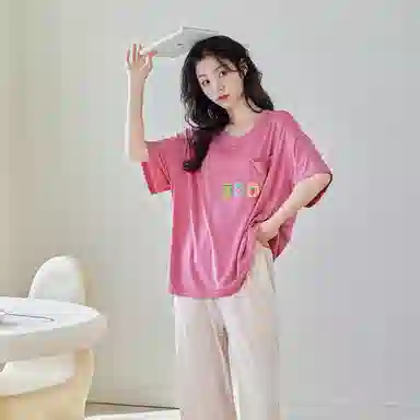 歌倩雅 纯色圆领短袖松紧腰长裤可外穿睡衣套装 女款 玫粉