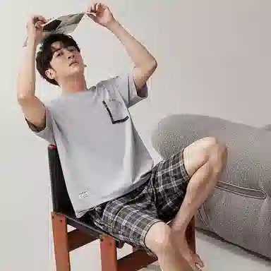 歌倩雅 休闲圆领套头短袖上衣松紧腰格子短裤睡衣套装 男款 灰色