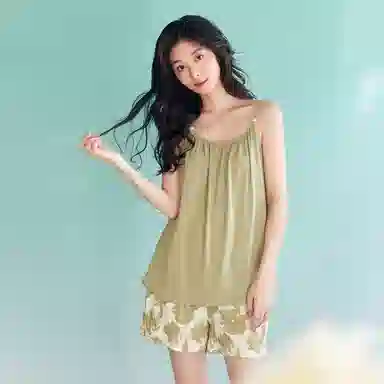 歌倩雅 凉感型莫代尔薄款无袖上衣甜美纯欲三分裤家居服睡衣套装 女款 绿色