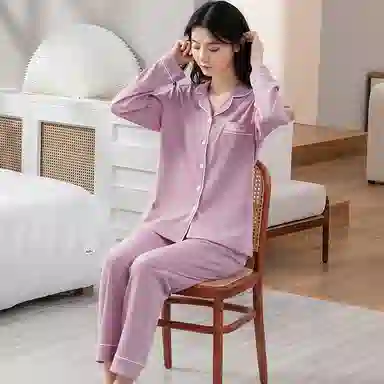 歌倩雅 简约亲肤舒适翻领开衫长袖高档休闲可外穿长裤睡衣套装 女款 紫色