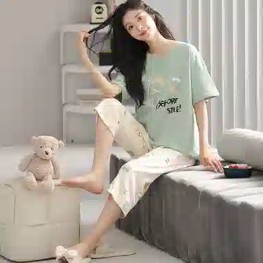 歌倩雅 纯棉短袖七分裤高级感加大码家居服睡衣套装 女款 图色