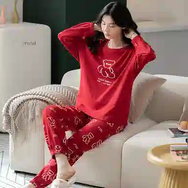 歌倩雅 可爱卡通长袖小熊学生睡衣套装 女款 红色