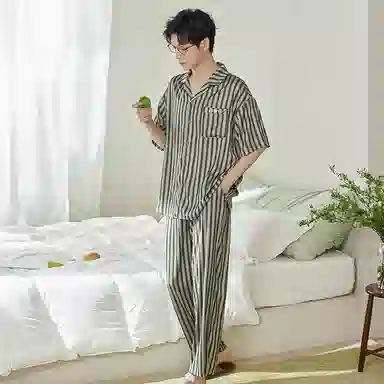 歌倩雅 舒适透气短袖亲肤凉感长裤睡衣套装 男款 绿色