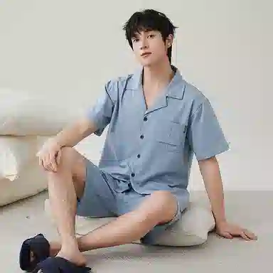 歌倩雅 休闲纯色翻领短袖上衣松紧腰短裤睡衣套装 男款 蓝色