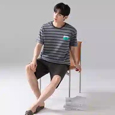 歌倩雅 舒适条纹运动风圆领短袖五分裤睡衣套装 男款 灰色