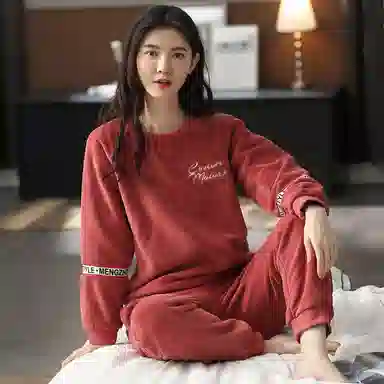 歌倩雅 圆领简约舒适长袖上衣松紧腰长裤睡衣套装 女款 砖红色