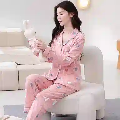 歌倩雅 翻领简约舒适爱心长袖上衣松紧腰长裤睡衣套装 女款 粉色