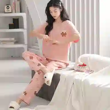 歌倩雅 短袖长裤圆领套头春夏睡衣套装 女款 图片色