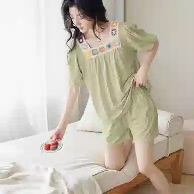 歌倩雅 凉感方领短袖松紧腰短裤睡衣套装 女款 绿色