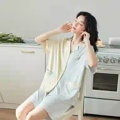 歌倩雅 翻领开衫短袖松紧腰格子短裤睡衣套装 女款 黄蓝色