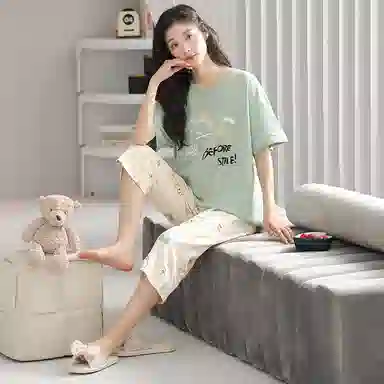 歌倩雅 纯棉短袖七分裤高级感加大码家居服睡衣套装 女款 图色
