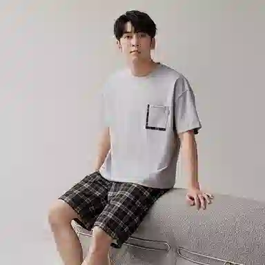 歌倩雅 休闲圆领套头短袖上衣松紧腰格子短裤睡衣套装 男款 灰色