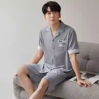 歌倩雅 开衫薄款字母宽松家居短袖短裤睡衣套装 男款 银灰