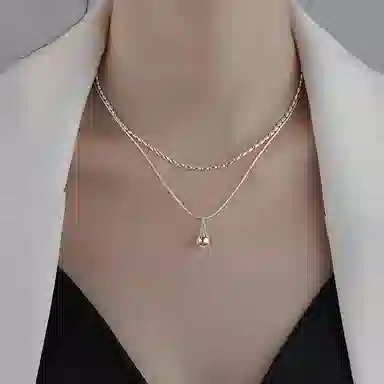 甜酷冷淡风双层链条米粒碎银子水滴可调节设计感锁骨链 优质铜质 时尚项链 女款 闪耀银色饰品